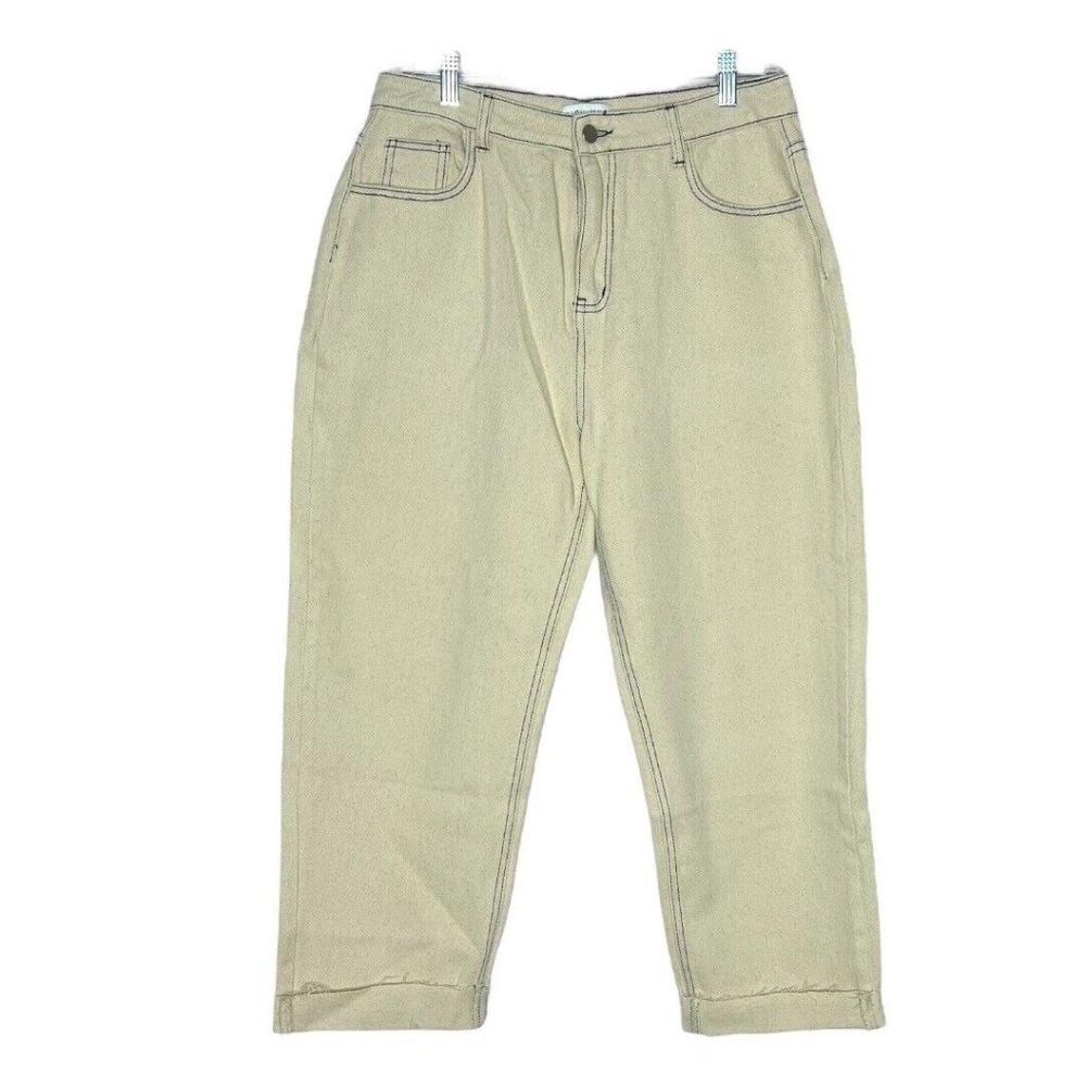 Miou‎ Muse Women’s Jeans Size XL Ivory Stitched Washed Denim Fray Bottom Cuffed